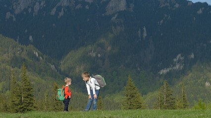 Fototapeta na wymiar Children with backpack on mountain peak, bigger boy advice little brother