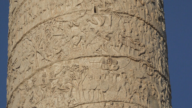 Detail of Trajan's Column, bottom up slowly view, Rome landmark, italy