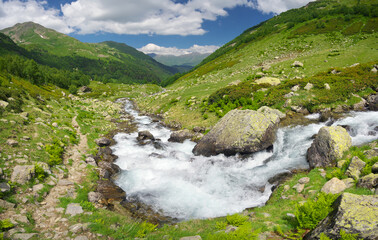 Naklejka na ściany i meble River panorama in mountain valley.