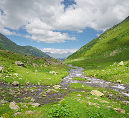 Fototapeta na wymiar River panorama in mountain valley