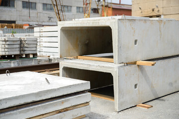 Close-up of reinforced concrete trays of heating networks, construction of engineering structures.