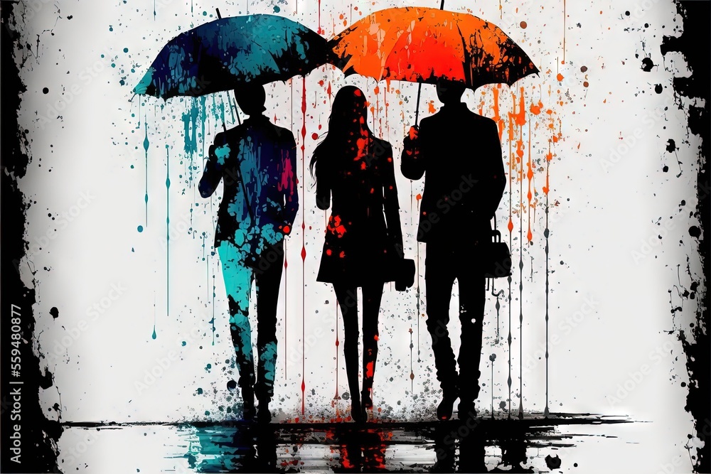 Poster a couple of people standing under umbrellas in the rain with a splash of paint on the wall behind th