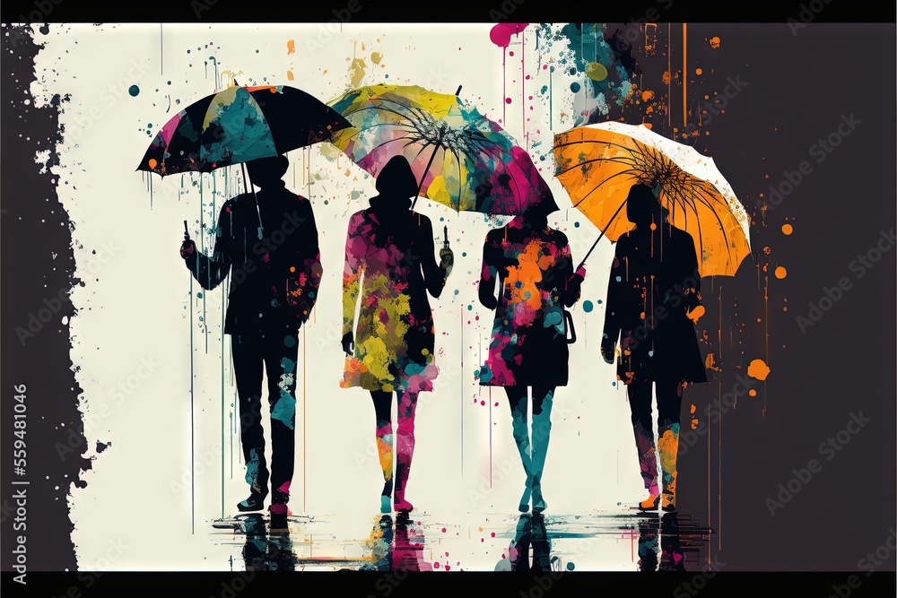 Poster a group of people standing under umbrellas in the rain with splashes of paint on them and a black ba