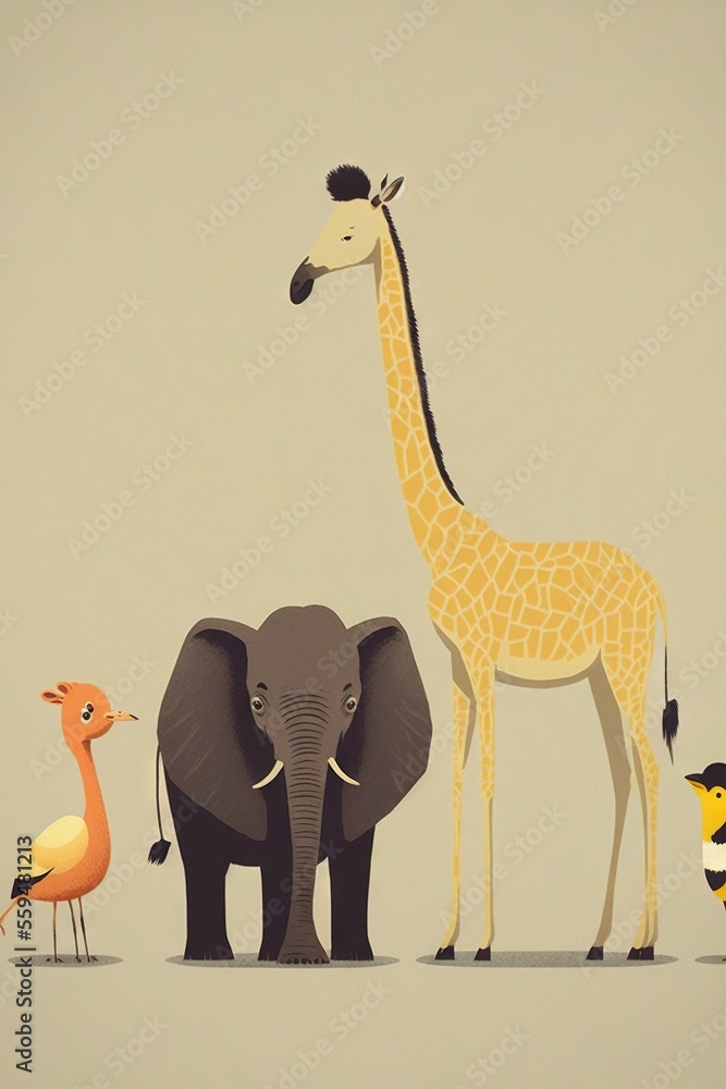 Poster  a giraffe, an elephant, and a bird are standing together in a line on a light background with a gray sky in the background and a light - colored background with a., generative ai