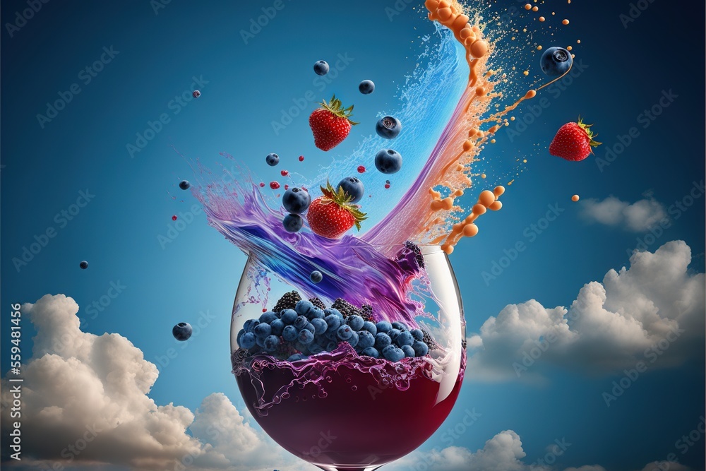 Poster a glass of liquid with berries and blueberries in it and a splash of juice on the glass with blueber