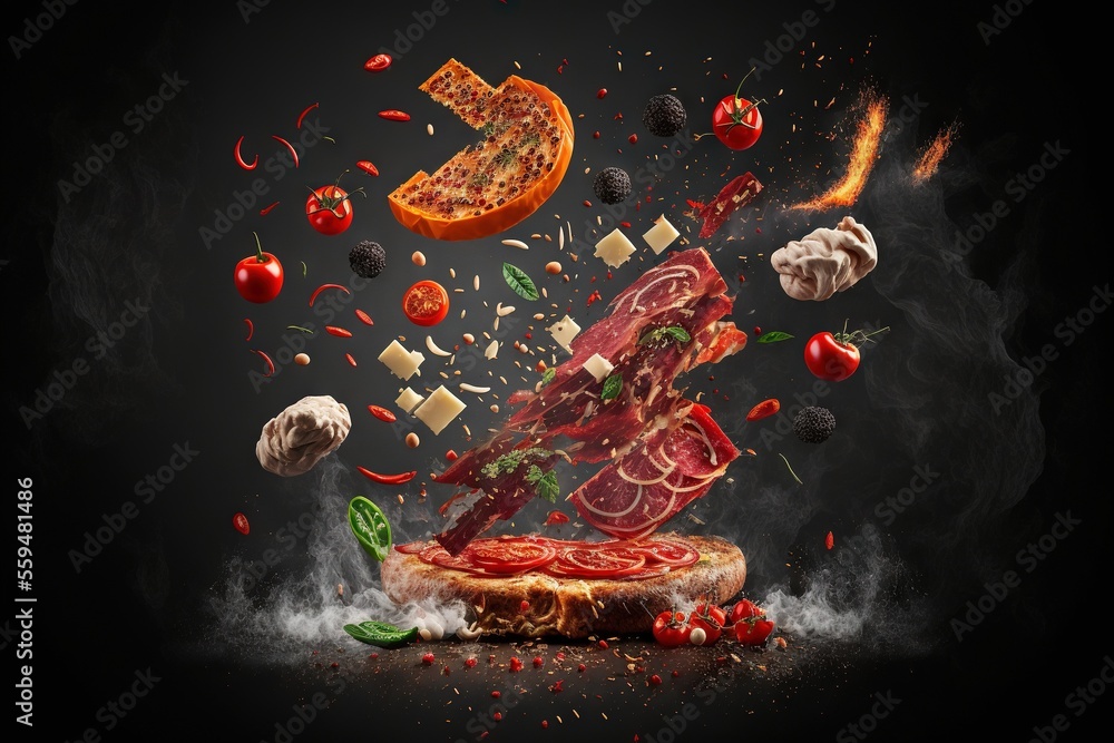 Poster a sandwich with meat and vegetables flying out of it on a black background with a lot of ingredients