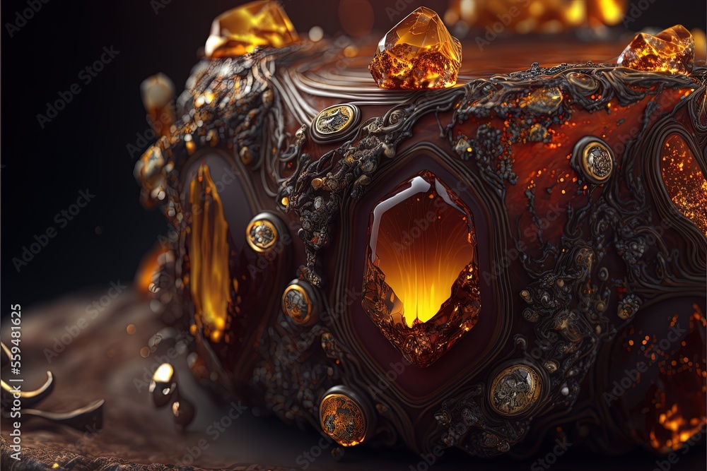 Poster a fancy looking box with many jewels on it's sides and a gold ring on top of it's lid and a black ba