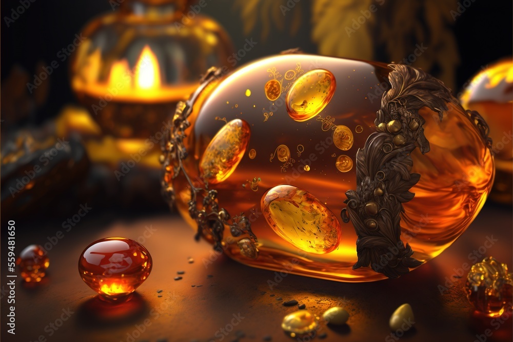 Poster a bottle of liquid with some gold coins around it and a candle in the background with a dark backgro