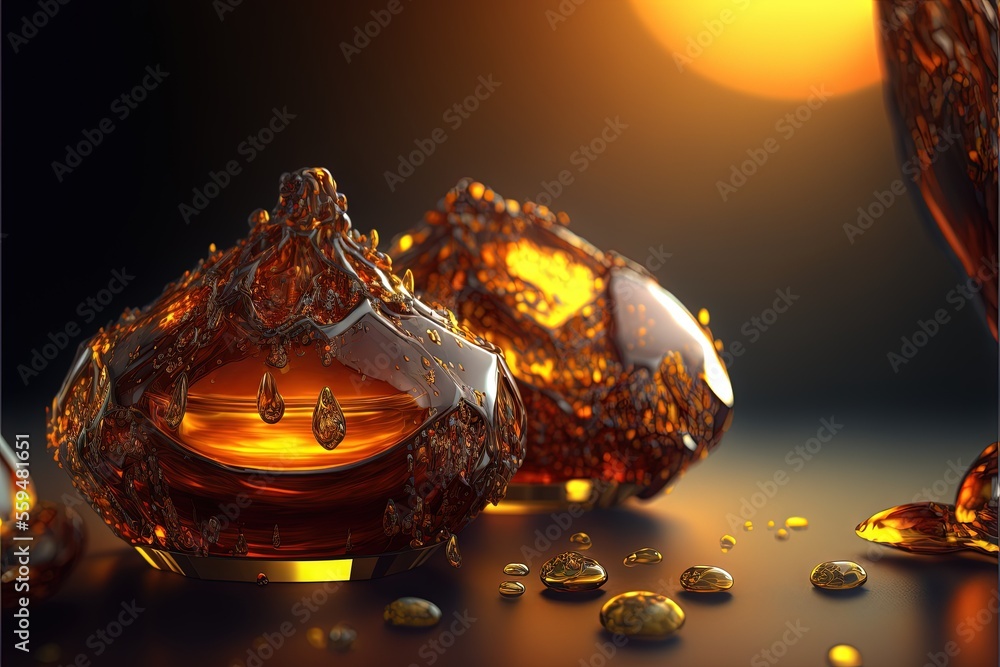Poster a glass jar with a liquid inside of it on a table with gold drops around it and a sun in the backgro