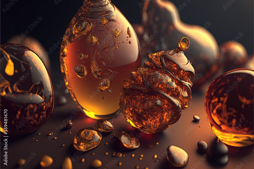Poster a group of glass vases with liquid on them and gold coins around them on a table top with a black ba