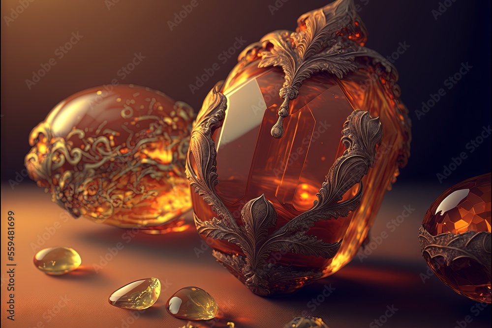 Poster a golden vase with a leaf on it and some drops of water around it on a table top with a black backgr