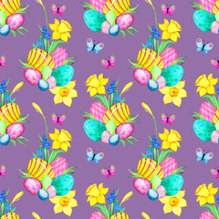 Cute Easter bunny and eggs seamless pattern hand painted in watercolor. Cartoon colorful spring rabbit, easter eggs, flowers repeatable background. Easter wrapping paper, fabric, wallpaper, printing