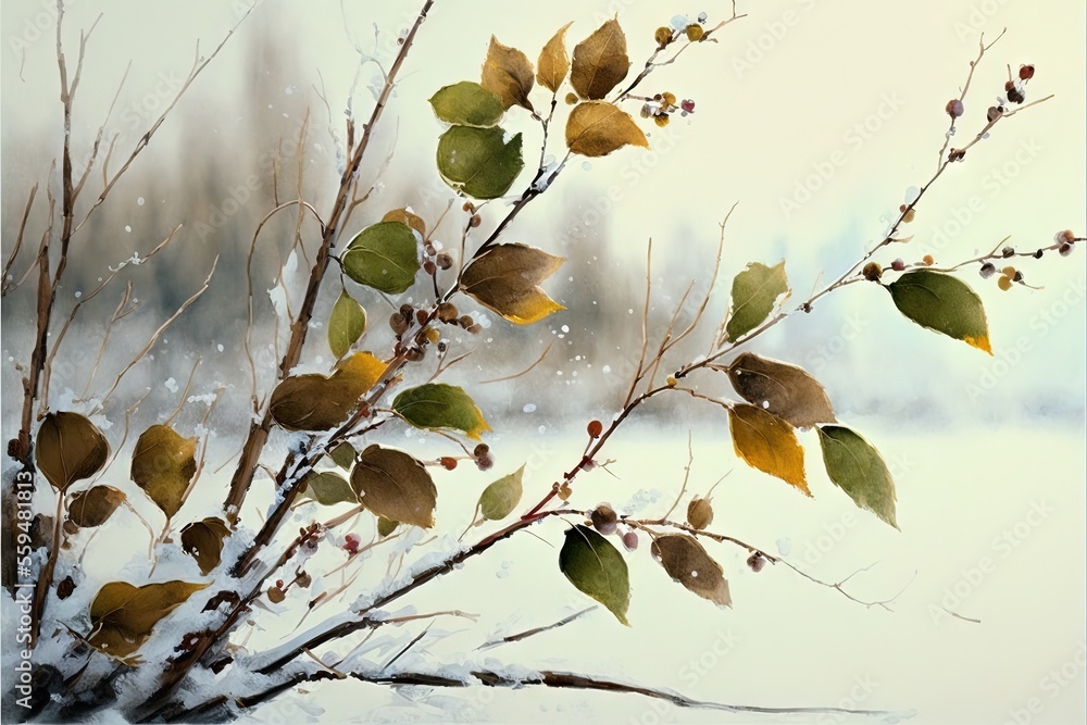 Poster a branch with leaves and snow on it in the wintertime with a building in the background and a buildi