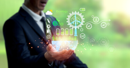 Net carbon neutrality. With regard to business, the hand of pollution and effective management with netzero symbols - renewable energy, reduced CO2 emissions, green production, and waste recycling