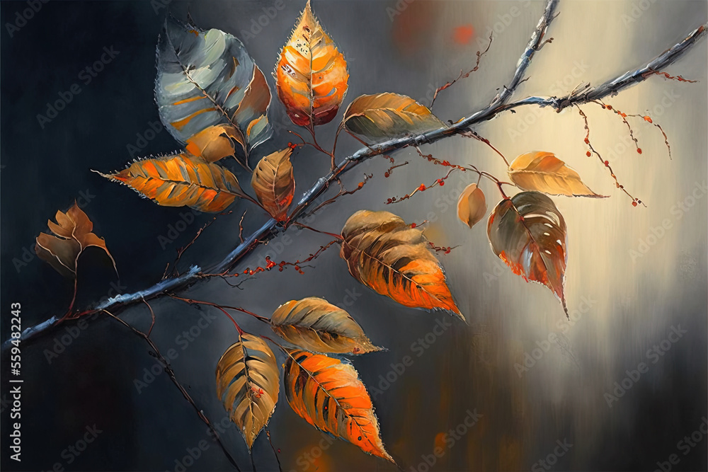 Aufkleber a painting of a branch with leaves on it and a sky background with clouds in the background and a fe