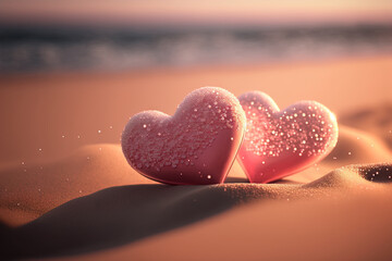 Fototapeta premium Two pink heart on sunset beach with bokeh light background. Love valentine and nature concept. Generative AI