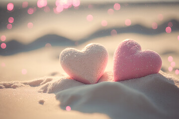 Fototapeta premium Two pink heart on sunset beach with bokeh light background. Love valentine and nature concept. Generative AI