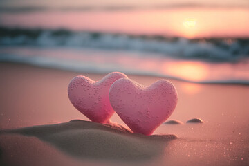 Fototapeta premium Two pink heart on sunset beach with bokeh light background. Love valentine and nature concept. Generative AI