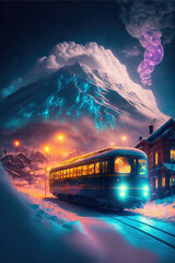 train in a winter night with snow covered mountains