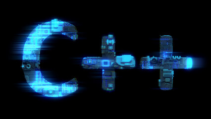 bokeh glitch electrical light cybernetical blue text C++, isolated - object 3D illustration