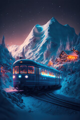 train in a winter night with snow covered mountains