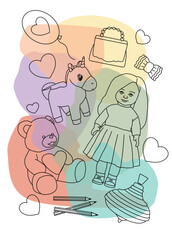Vector illustration. A poster on a children's theme with toys on a background of multicolored spots.
