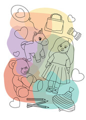 Digital illustration. A poster on a children's theme with toys on a background of multicolored spots.