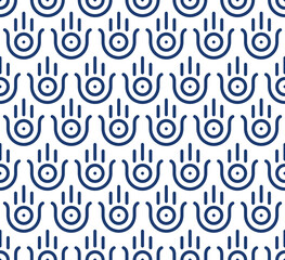 Linear seamless pattern with minimalistic hand and eye, rock art style vector illustration