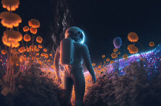 astronaut between flowers created with Generative AI technology