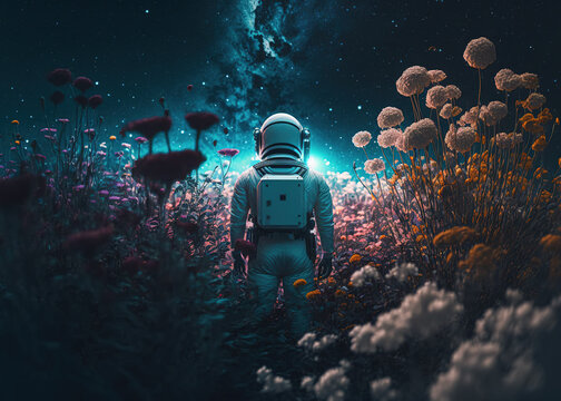 astronaut between flowers created with Generative AI technology