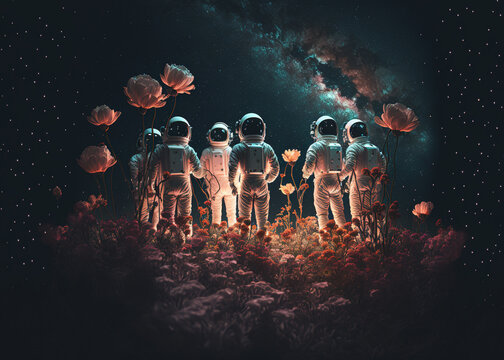 crowd of astronauts in the night created with Generative AI technology
