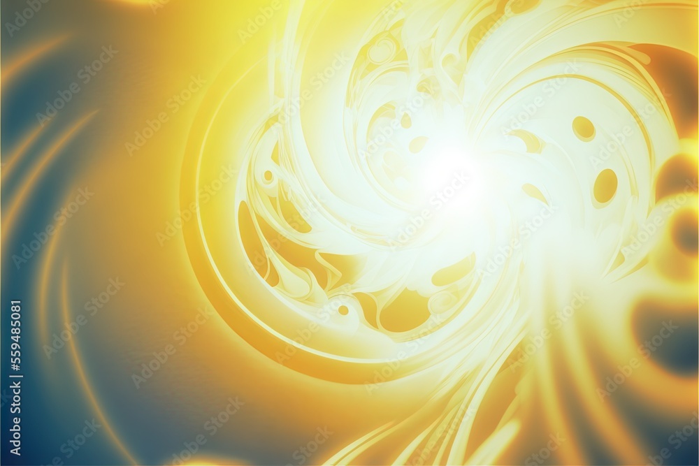 Poster a yellow and blue abstract background with a light shining through the center of the image and a cir