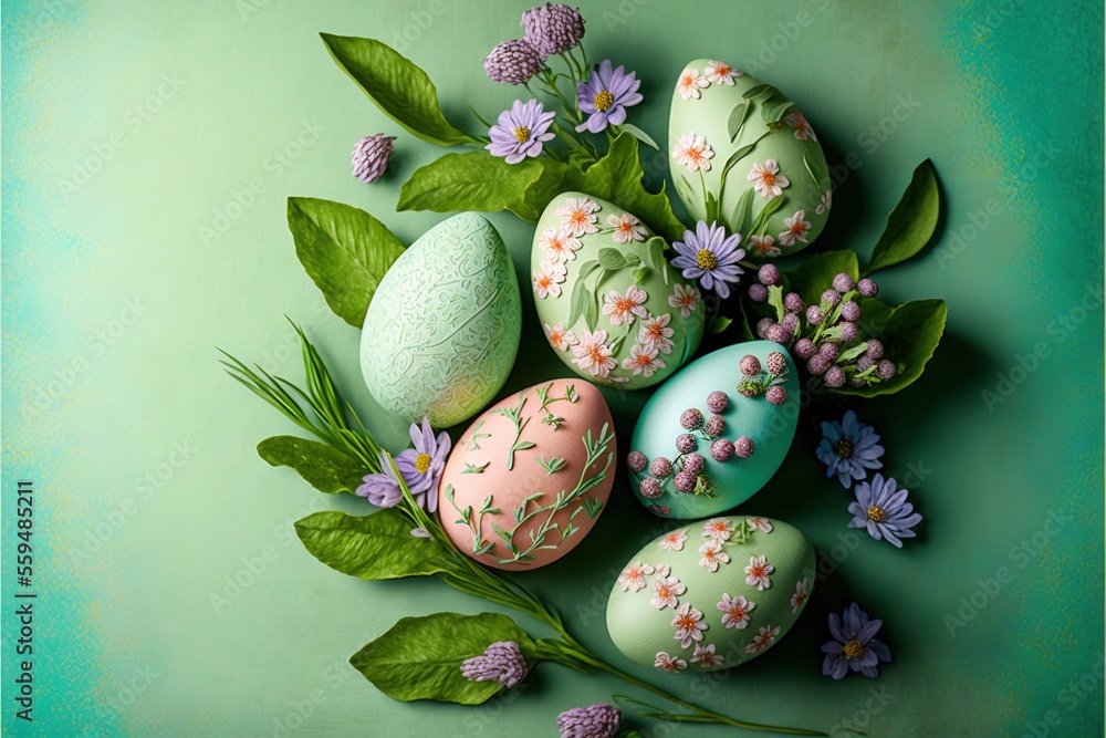 Poster a bunch of eggs with flowers on a green background with leaves and flowers around them on a table to