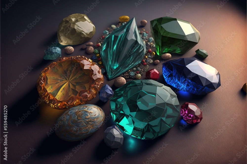 Aufkleber a bunch of different colored stones on a table top with a shadow on the ground behind them and a lig