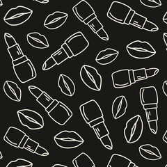 doodle pattern for girls, cosmetology company. Doodle background for banner design, advertising poster. Poster with lips and lipstick on a black background with white lines
