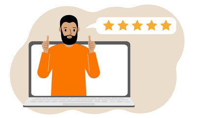 User reviews. Laptop with a man with thumbs up. Customer Review, Online Review, Star Rating, Feedback. Rating bubble.