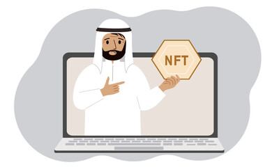 NFT concept. A laptop in which a muslim man with the image of NFT in the palm of his hand. Auction of non-fungible tokens, markets, online education.