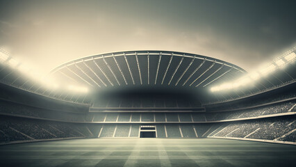 Obraz premium Football stadium with floodlighting glowing in the night time, ready for match competition. Generative Ai image.