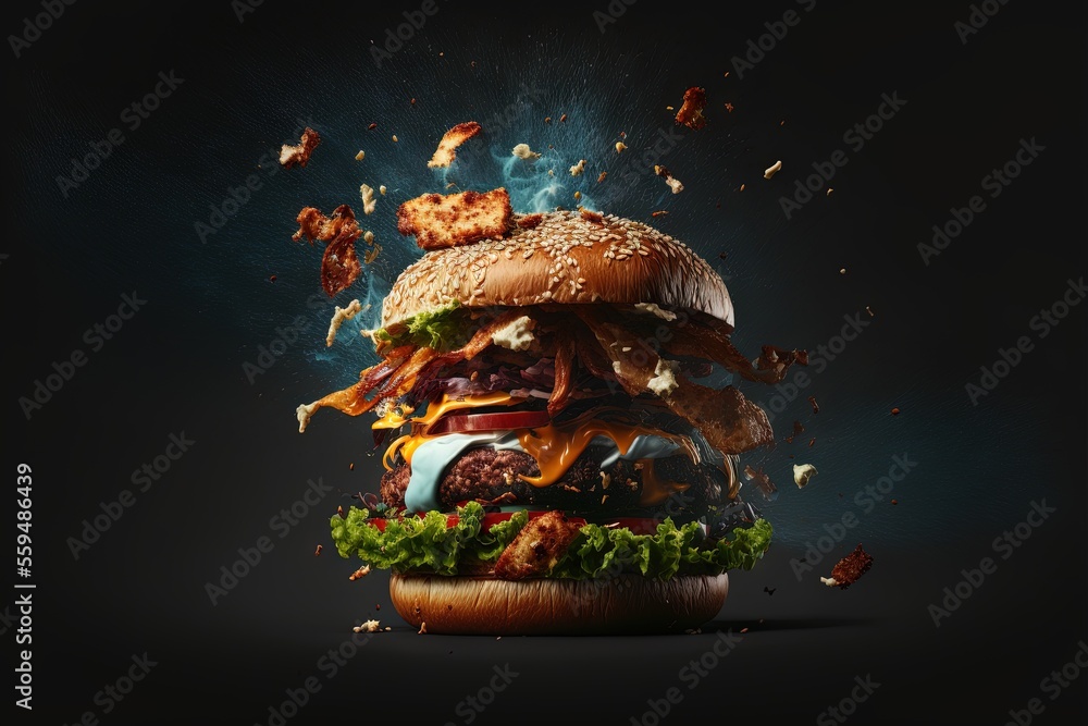 Poster a hamburger with lots of different ingredients falling out of it's buns and toppings on a black back