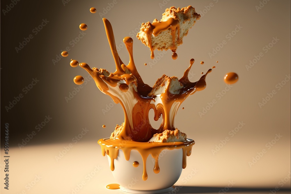 Poster a cup filled with liquid and a piece of cake on top of it with a spoon in it and a piece of cake fal