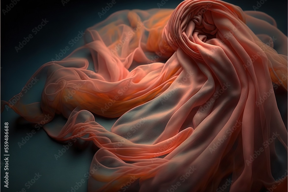 Poster  a red and orange scarf is on a black surface with a black background and a black background with a white border and a black border with a red and orange border with a white border., generative ai