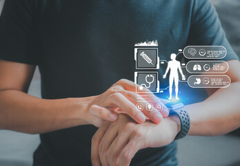 Concept of The technology to check health with smart watch. Futuristic smart watch technology male...