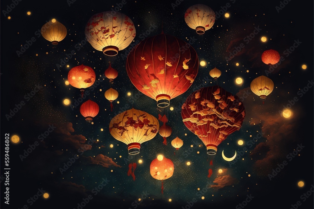 Poster a painting of many lanterns floating in the sky at night time with stars and moon in the sky above t