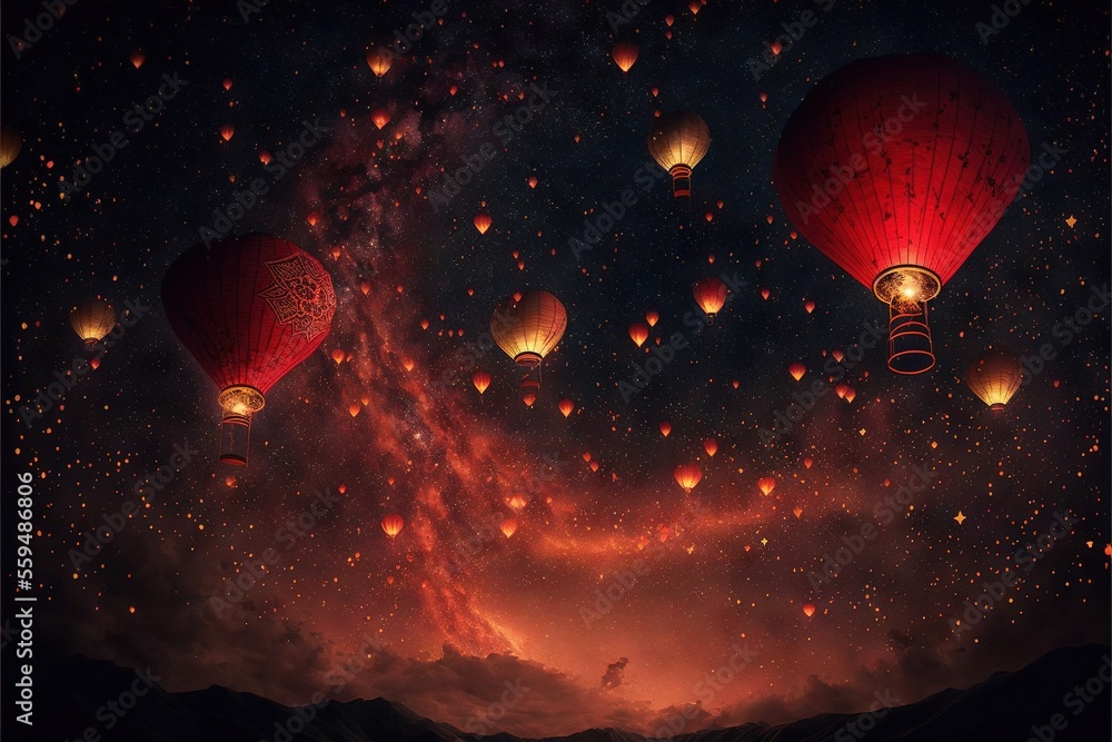 Poster a group of red lanterns flying through the sky above a mountain range at night with a red sky and cl