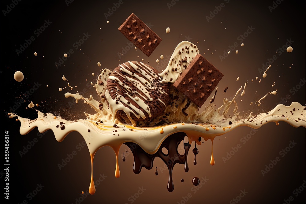 Poster a chocolate ice cream sandwich with chocolate and marshmallows falling into the chocolate syrup spla