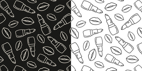 doodle pattern for girls, cosmetology company. Doodle background for banner design, advertising poster. Lips and lipstick poster on black and white background