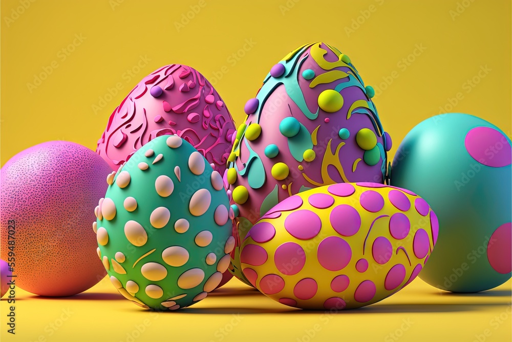 Poster a group of colorful eggs sitting on top of a yellow tablecloth covered table top next to each other 