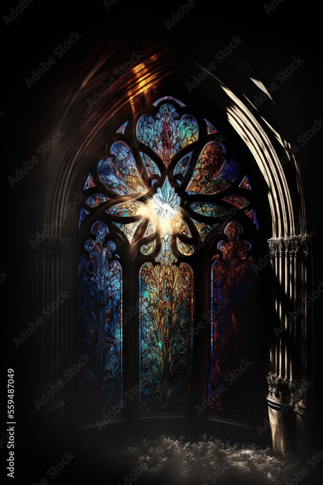 Poster a stained glass window in a dark room with a light shining through it and a light shining through th