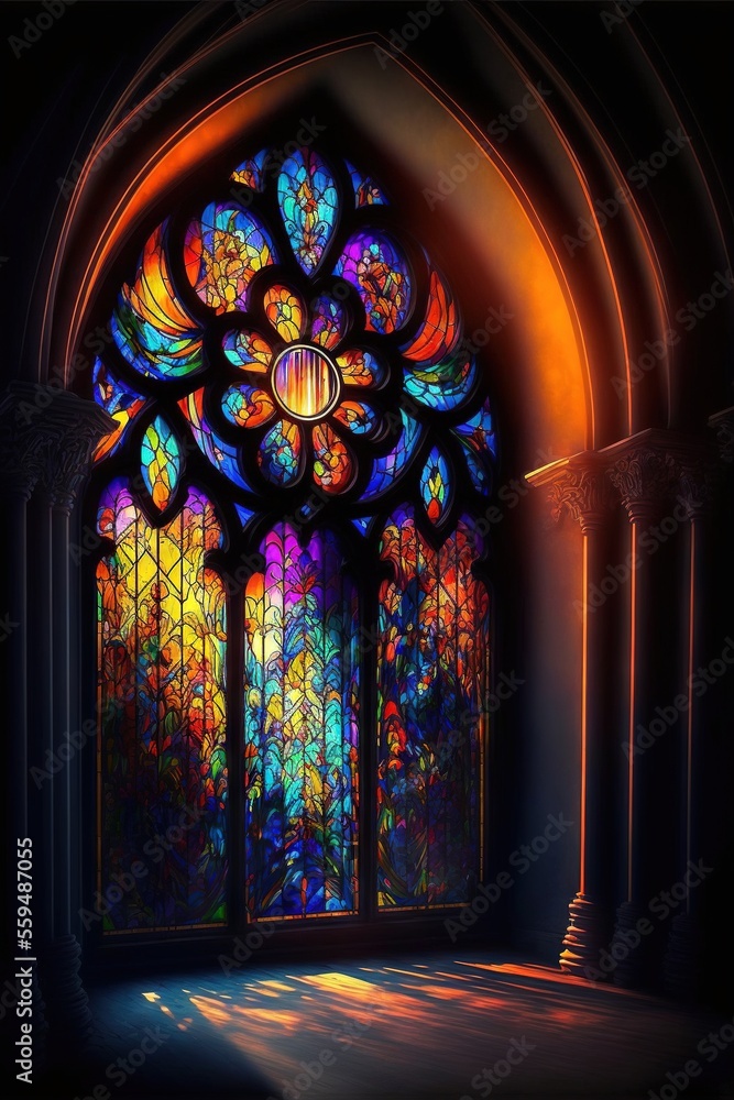 Poster a large stained glass window in a dark room with a light coming through it and a light coming throug
