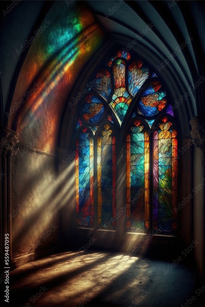 Poster a church with a stained glass window and a light coming through the window and onto the floor with a